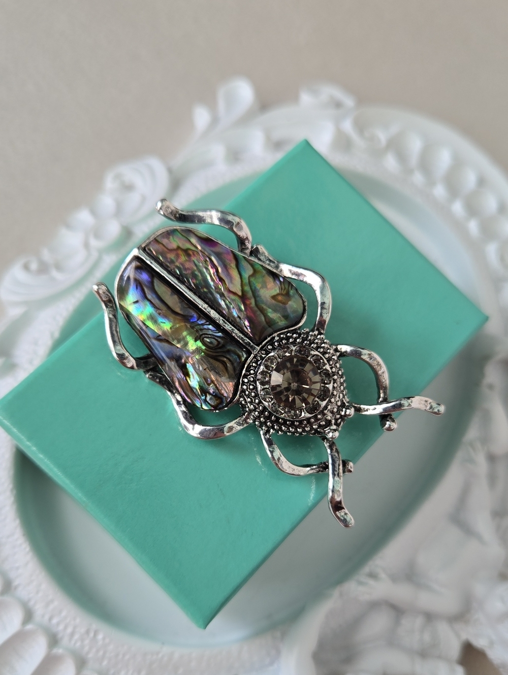 Stunning Iridescent Abalone Beetle Brooch in Silver, NWT
